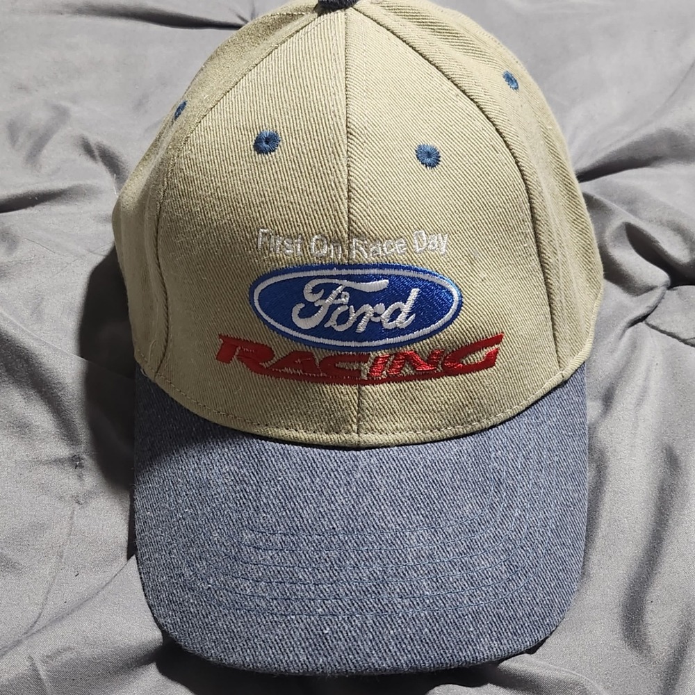Ford Racing Hat First On Race Day Baseball Cap Tan Blue Adjustable Cotton Twill